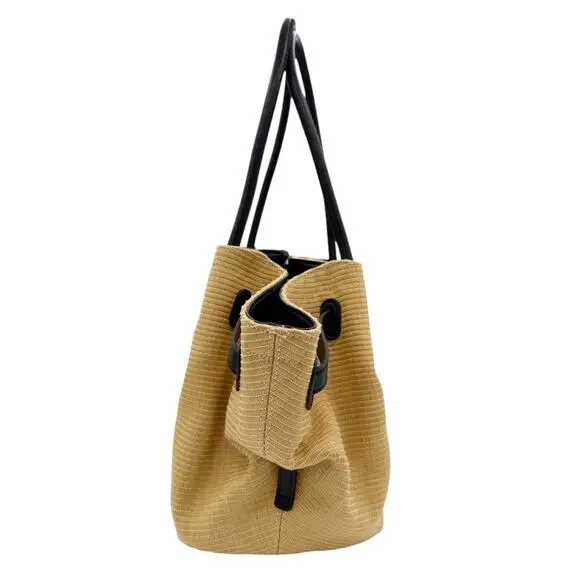 JW Pei Hana Medium Tote Bag in Tan Raffia Straw Black Trim Shoulder Bag Purse - Picture 6 of 15